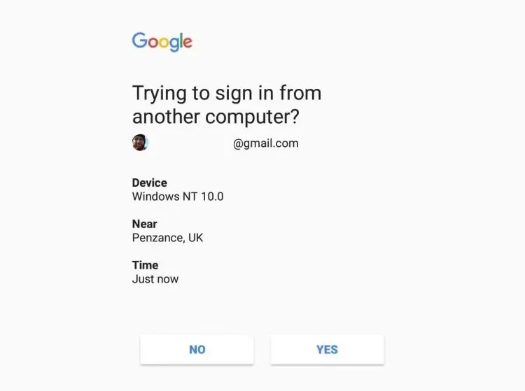 Thông báo xác minh hai bước của Google trên thiết bị thứ hai yêu cầu xác nhận đăng nhập