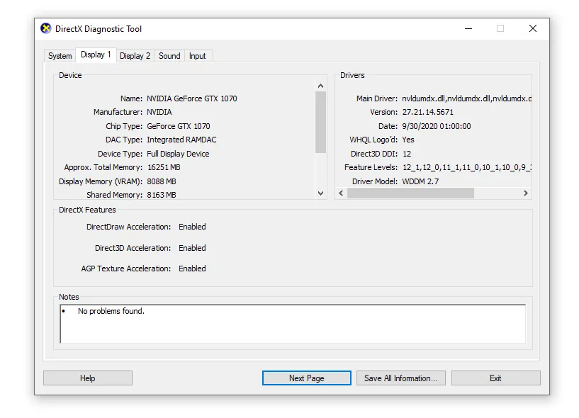 Thông tin chi tiết về card đồ họa GPU hiển thị trong công cụ DirectX Diagnostic Tool