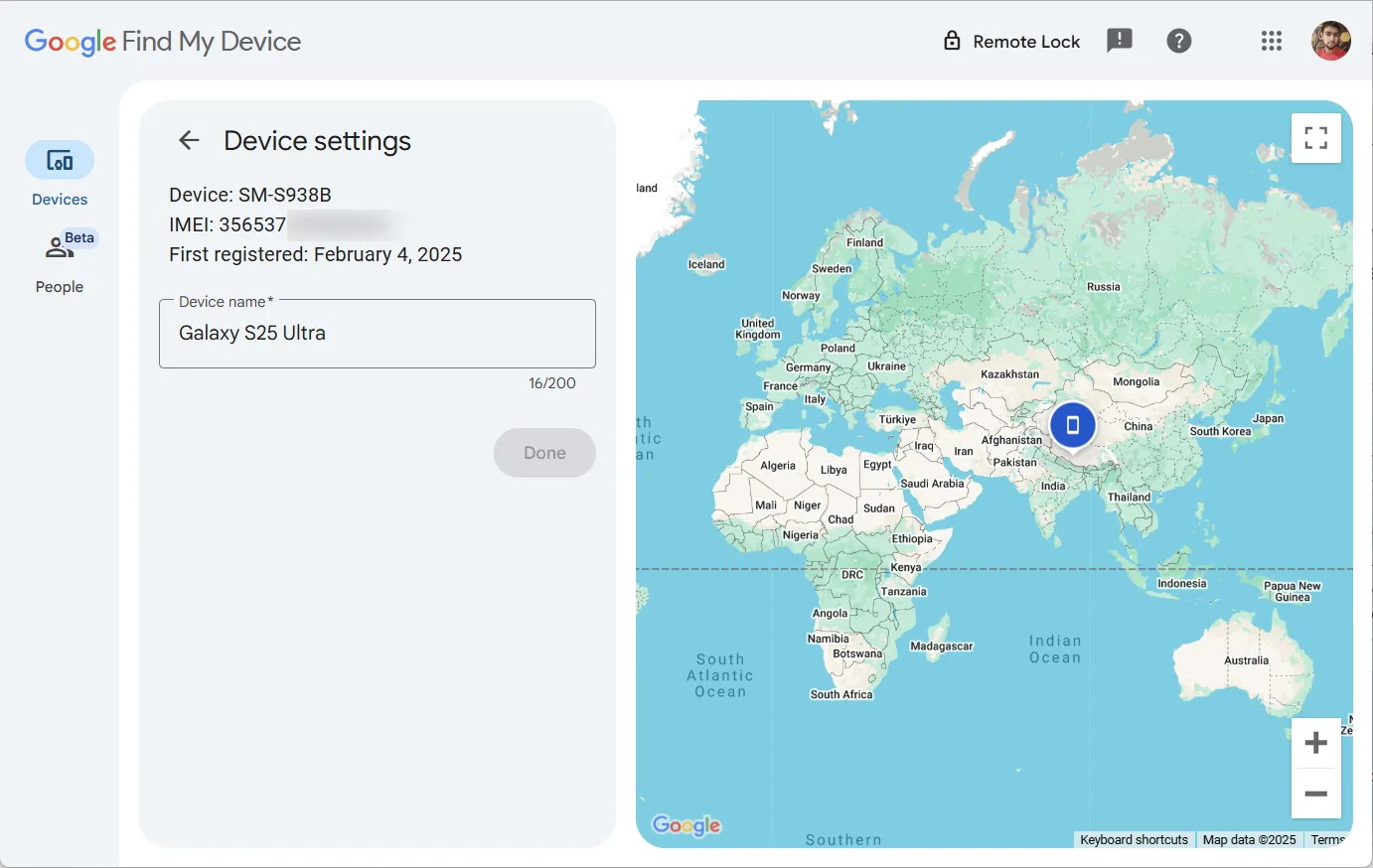 Thông tin IMEI của điện thoại Samsung hiển thị trong Google Find My Device