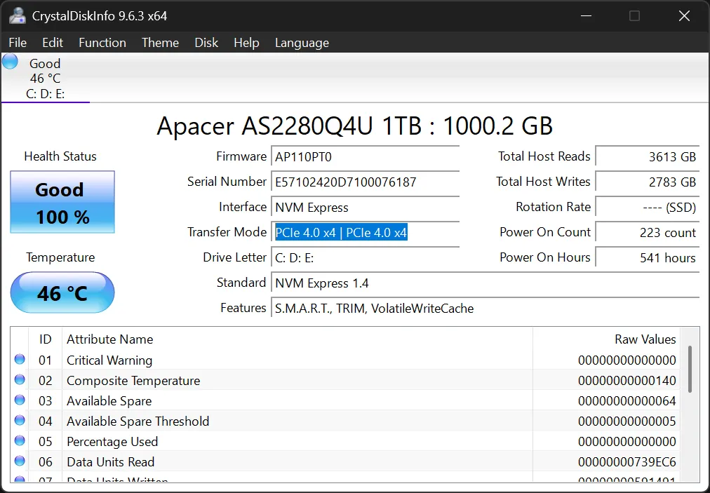 Thông tin PCIe của NVMe SSD được đánh dấu trong CrystalDiskInfo