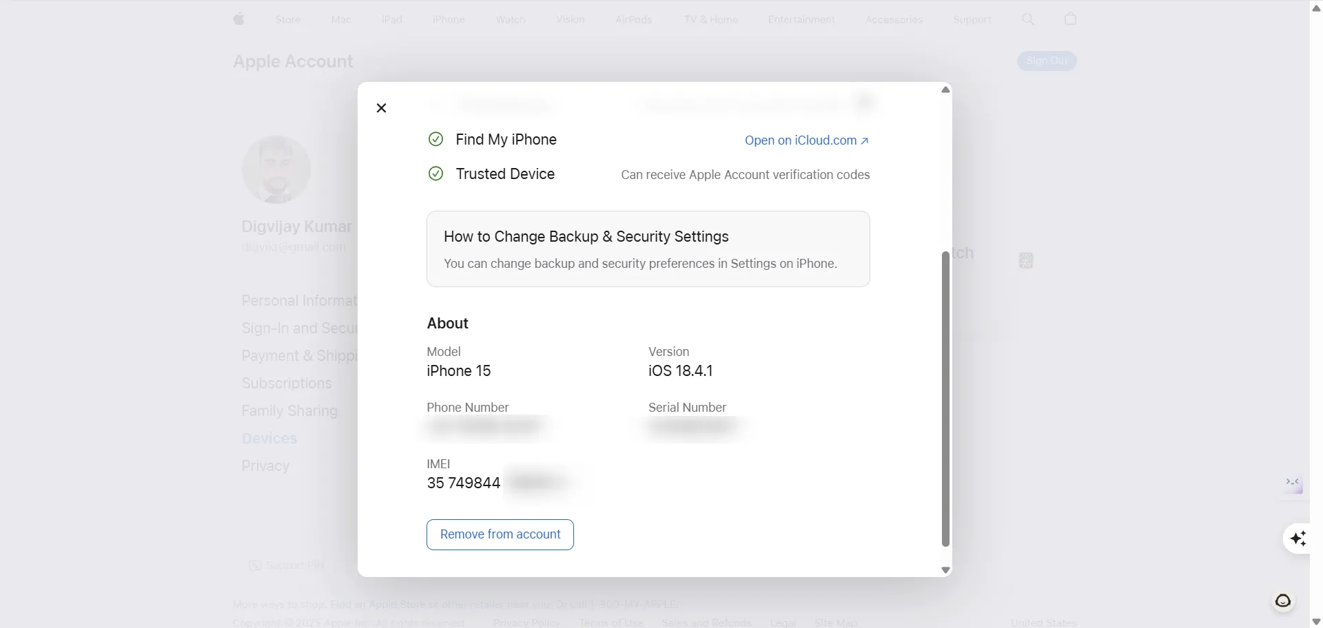 Thông tin số IMEI của iPhone hiển thị trong phần thiết bị của tài khoản Apple ID
