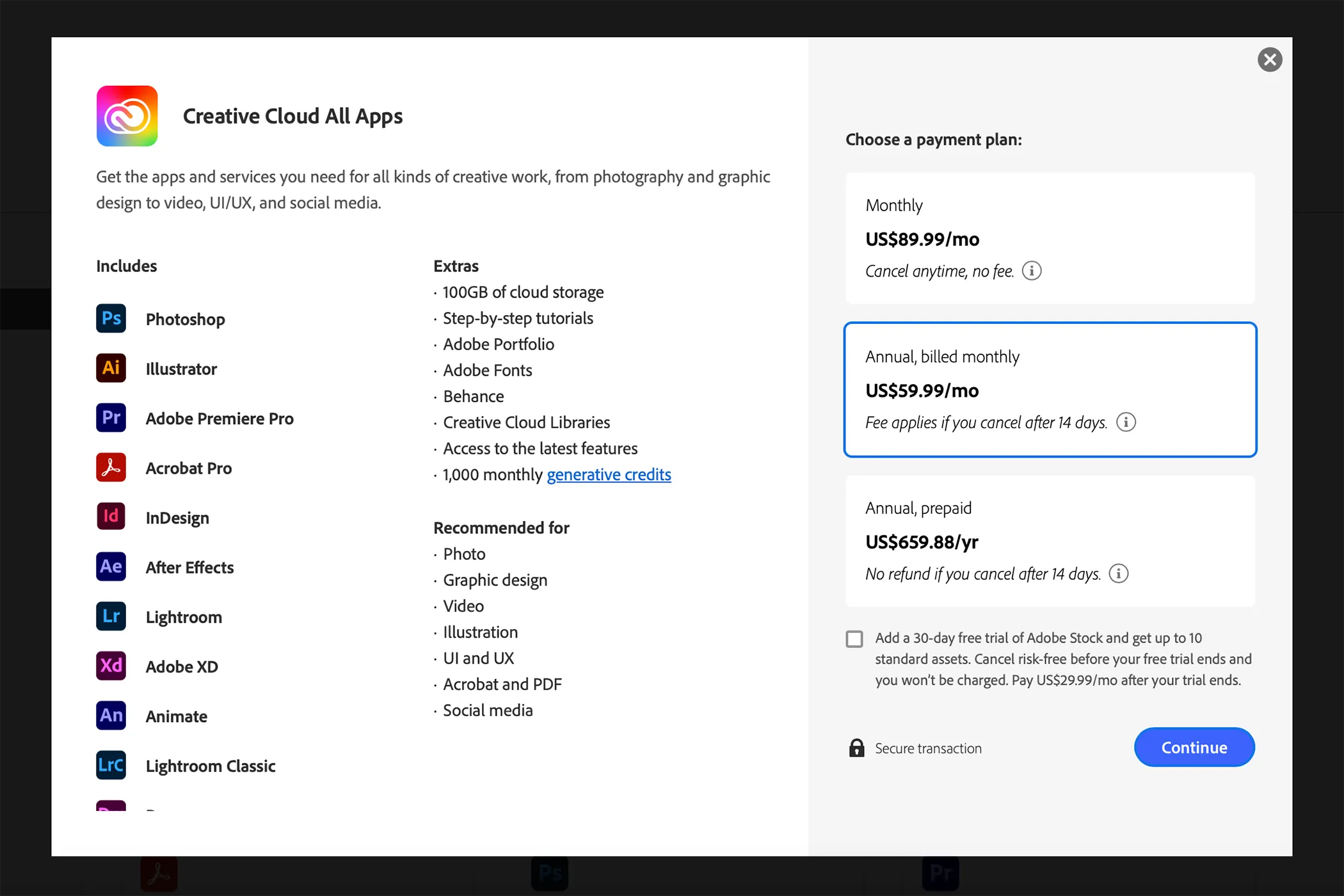Thông tin về gói Adobe Creative Cloud All Apps hiện tại