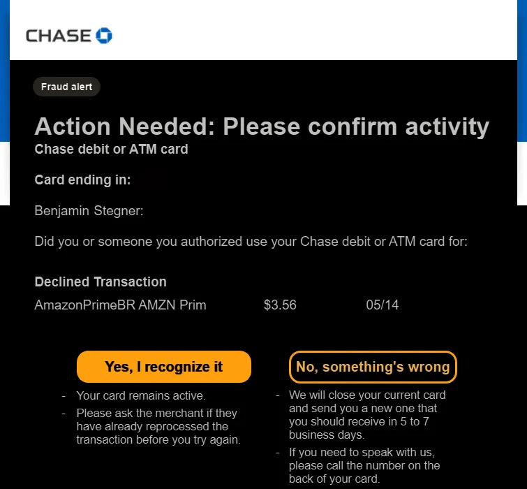 Thư điện tử cảnh báo gian lận tài khoản Amazon từ ngân hàng Chase