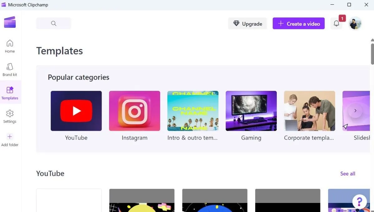 Thư viện mẫu video có sẵn trong ứng dụng Clipchamp với các danh mục khác nhau