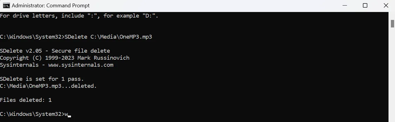 Thực hiện lệnh SDelete để xóa file MP3 trong Command Prompt