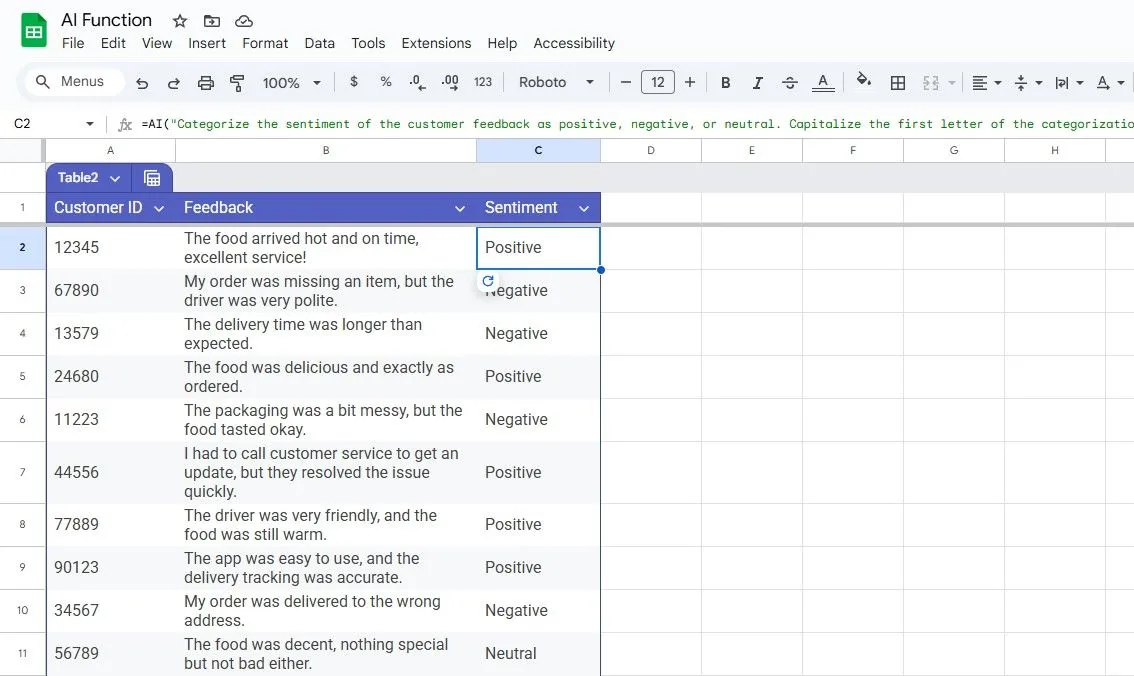 Thực hiện phân tích cảm xúc tự động cho phản hồi khách hàng bằng hàm AI() trong Google Sheets.