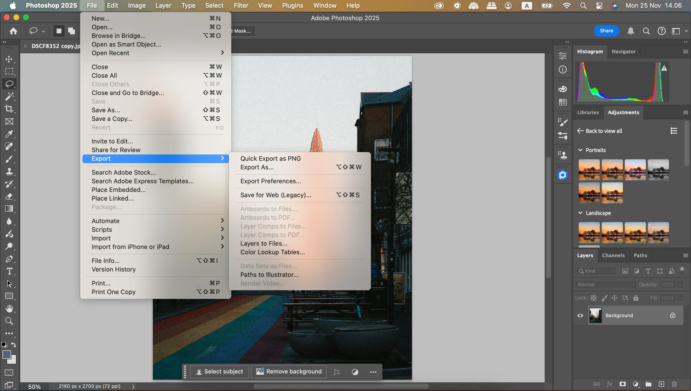 Thực hiện Xuất Nhanh file Photoshop sang định dạng JPEG hoặc PNG qua menu File