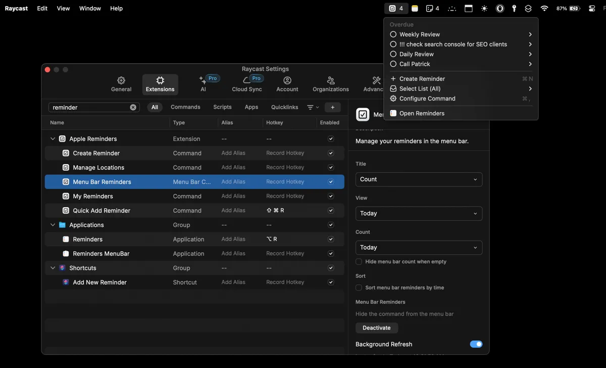 Tiện ích mở rộng Apple Reminders trong Raycast sẵn sàng để thêm vào thanh Menu Bar.