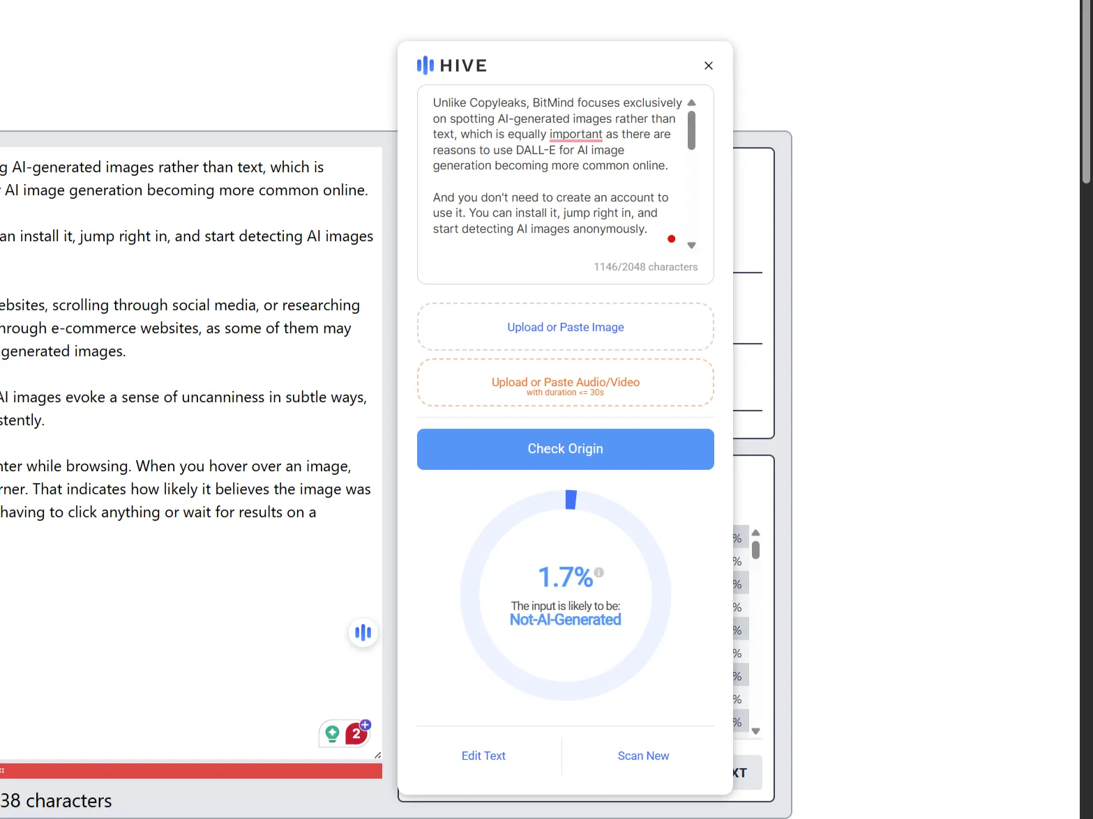 Tiện ích mở rộng Hive AI Chrome xác nhận nội dung được viết bởi con người trong thanh bên.