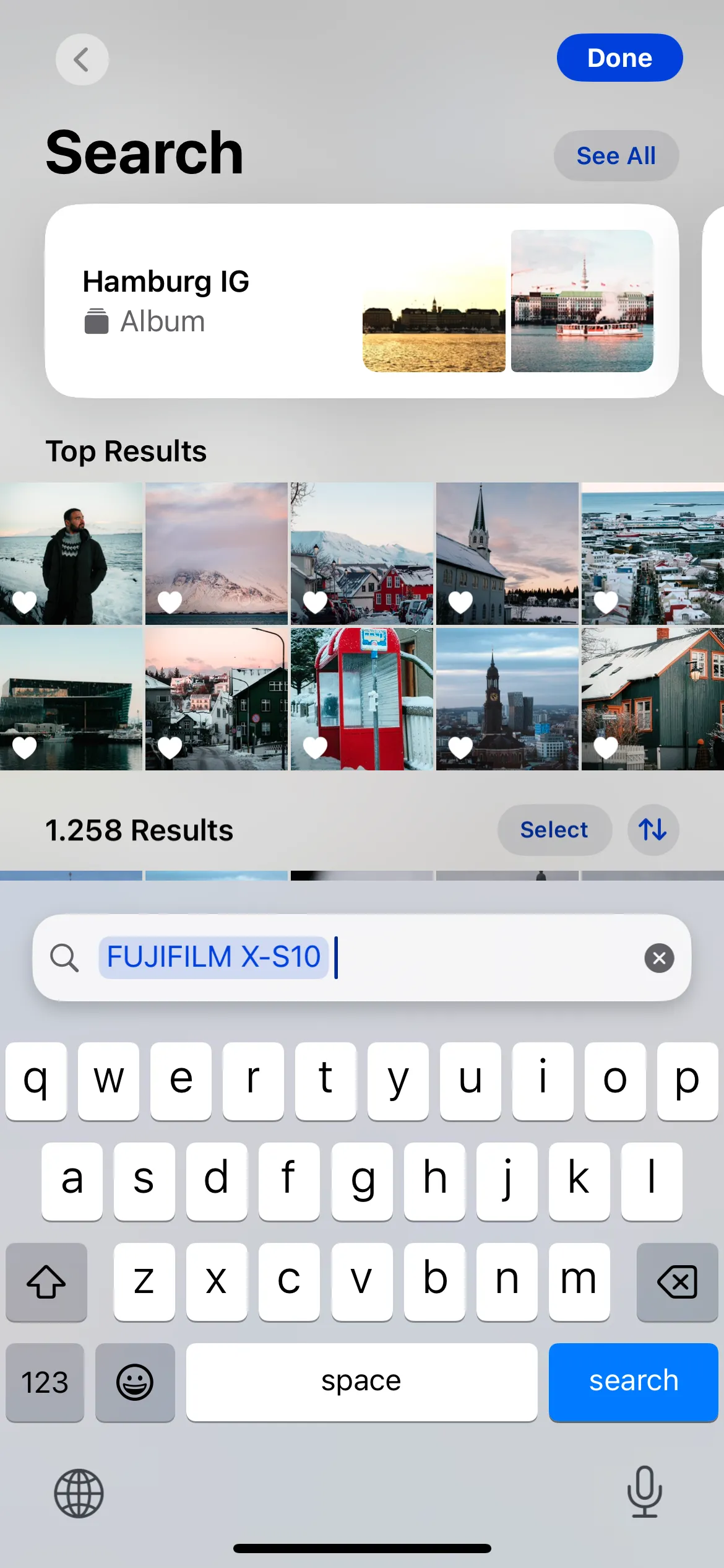 Tìm kiếm ảnh theo tên máy ảnh Fujifilm trên iPhone