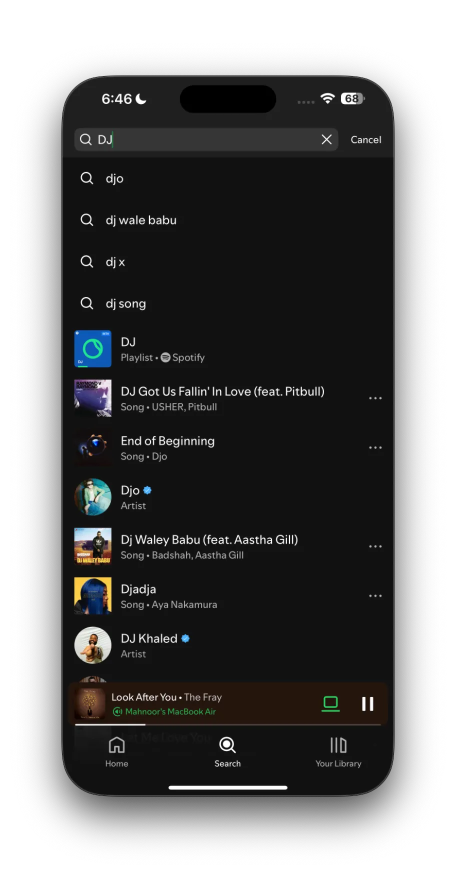 Tìm kiếm 'DJ' trong ứng dụng Spotify cho thấy kết quả 'DJ' playlist