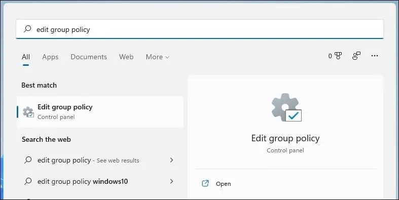 Tìm kiếm Group Policy Editor trên Windows 11
