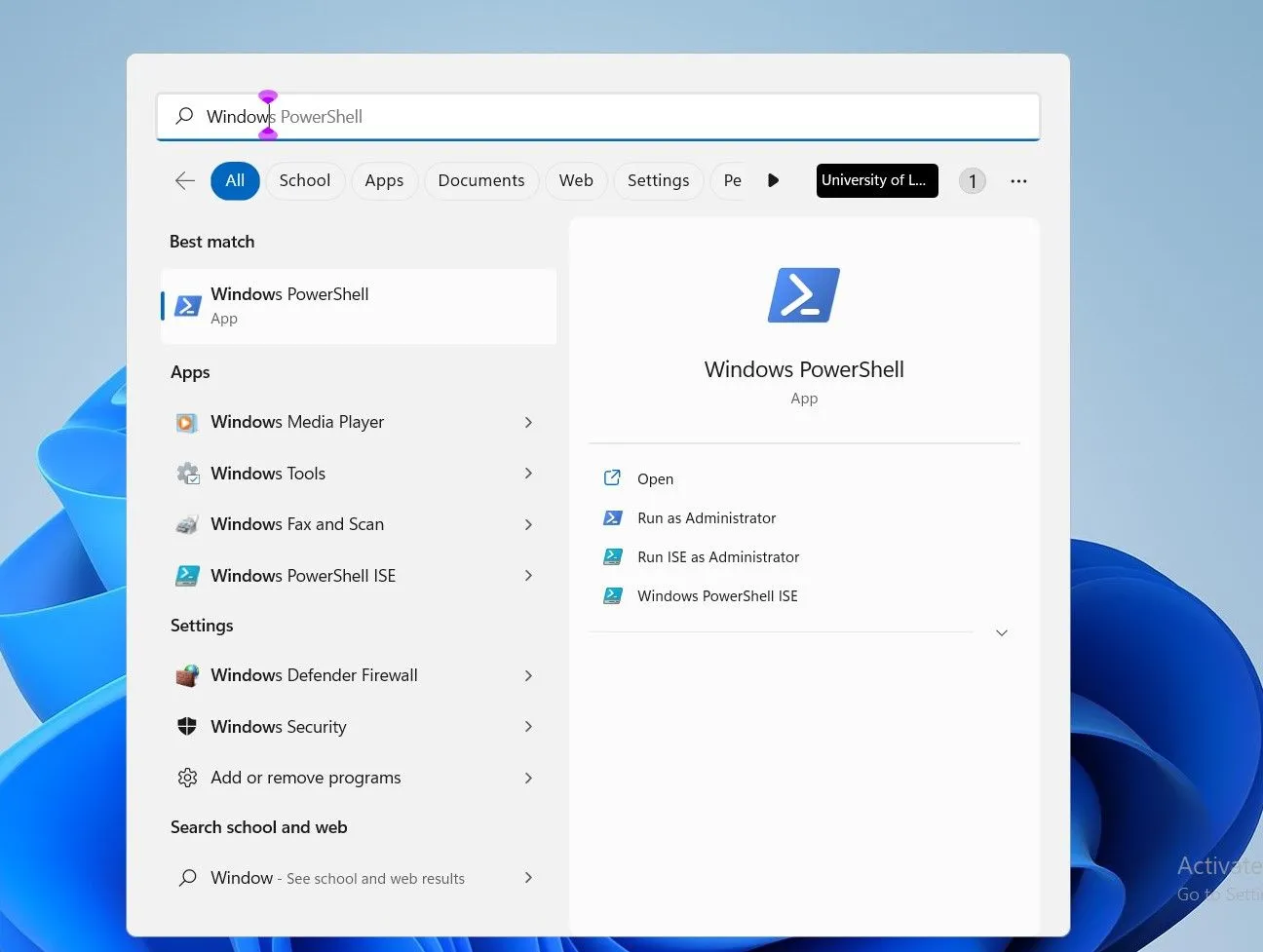 Tìm kiếm PowerShell trong thanh tìm kiếm Windows