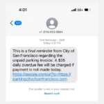 Tin nhắn lừa đảo phí đỗ xe giả mạo từ San Francisco cho thấy thông báo phạt nguội qua SMS