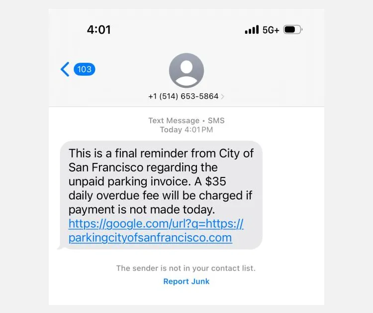 Tin nhắn lừa đảo phí đỗ xe giả mạo từ San Francisco cho thấy thông báo phạt nguội qua SMS