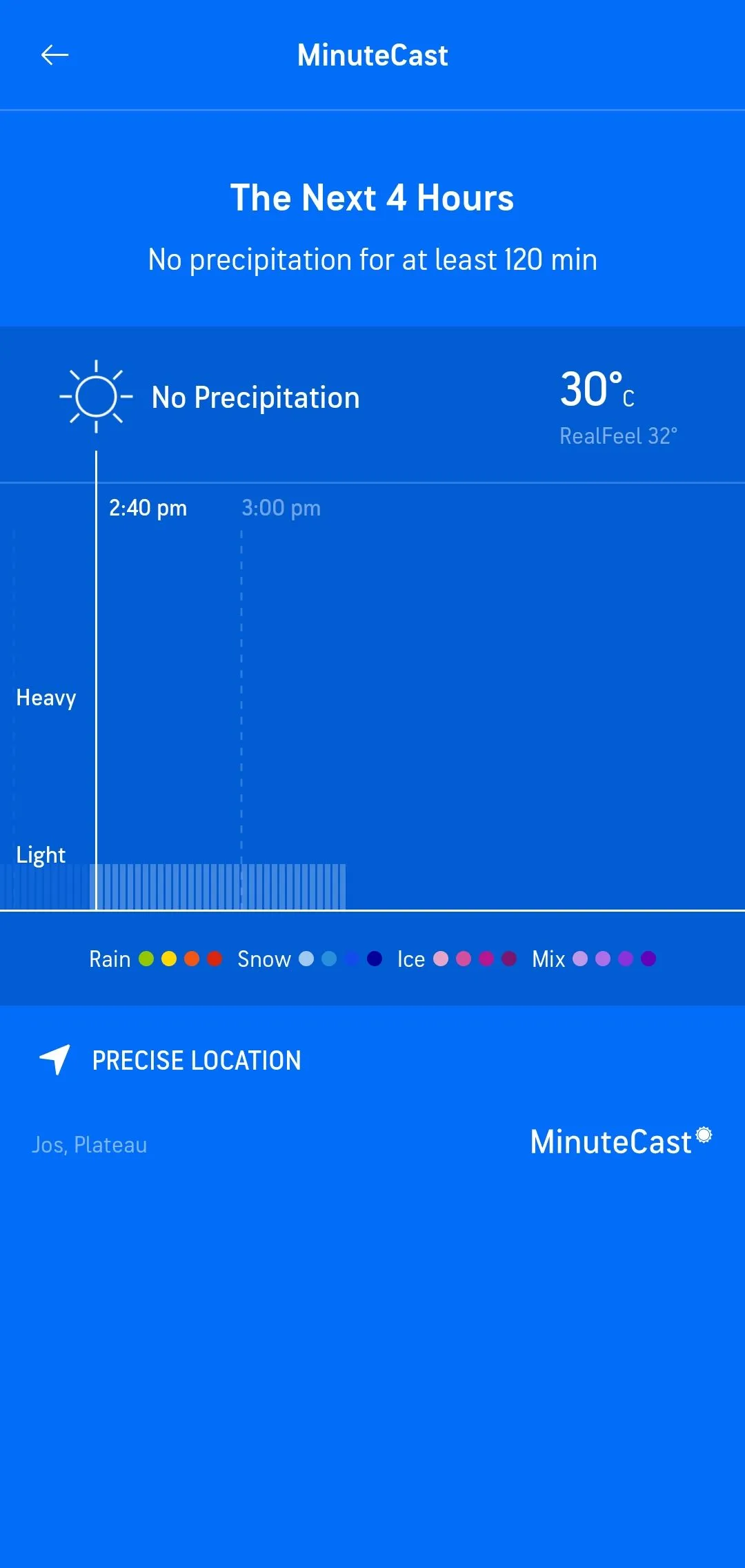 Tính năng AccuWeather MinuteCast hiển thị không có mưa trong 120 phút tới