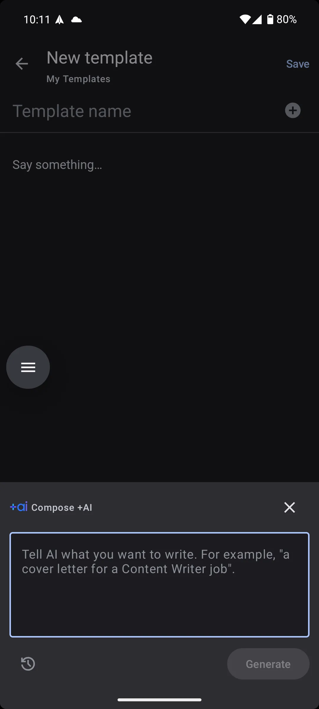 Tính năng +AI Compose của Spark Mail khi sử dụng mẫu thư