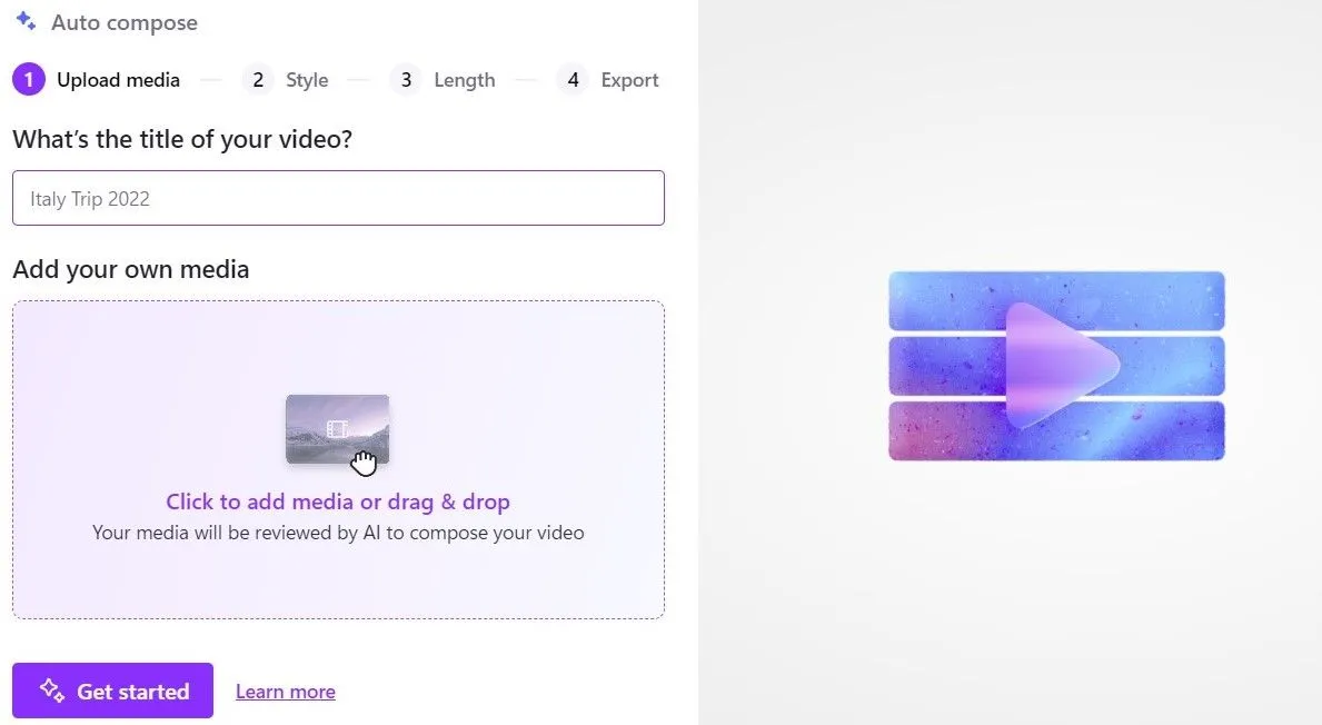 Tính năng AI Creator (Auto compose) của Clipchamp tạo video tự động từ ảnh và video của người dùng