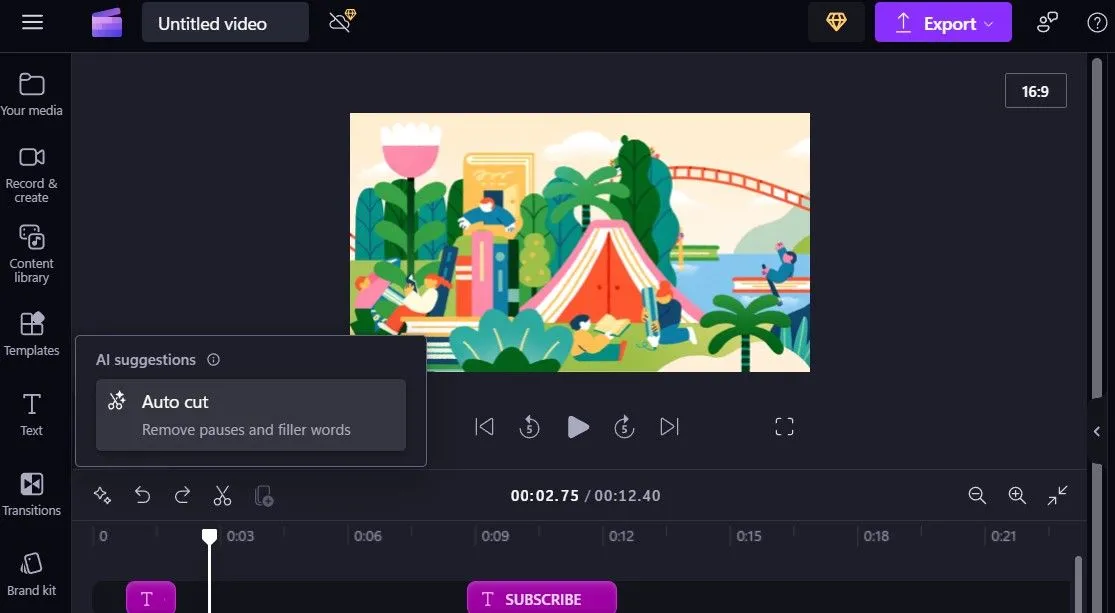 Tính năng Auto Cut của Clipchamp cho phép loại bỏ khoảng lặng và từ thừa tự động