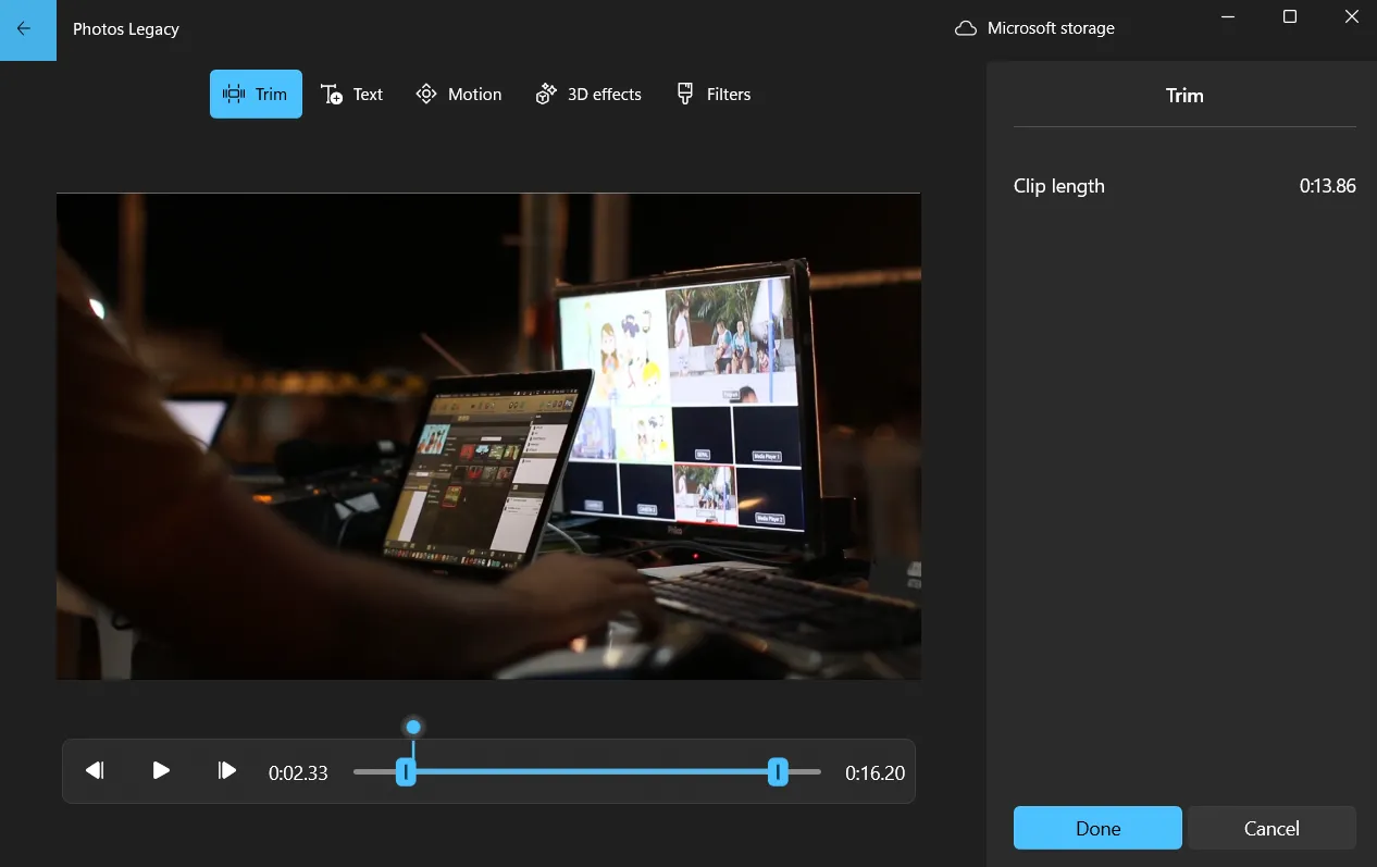 Tính năng cắt (Trim) video trong trình chỉnh sửa của Photos Legacy, cho phép người dùng điều chỉnh độ dài đoạn video cần giữ lại.
