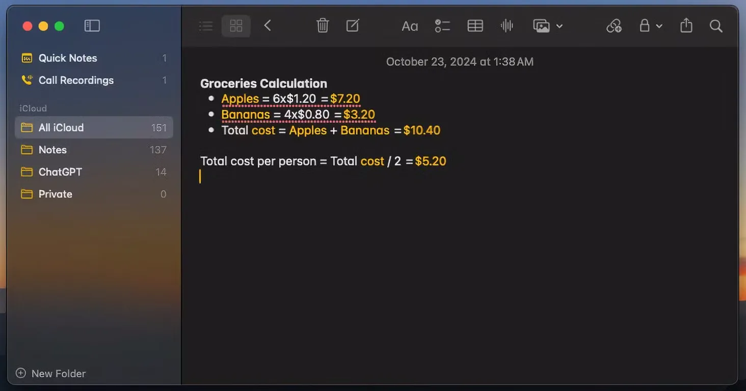 Tính năng giải toán trực tiếp trong ứng dụng Ghi chú (Notes) trên macOS Sequoia.