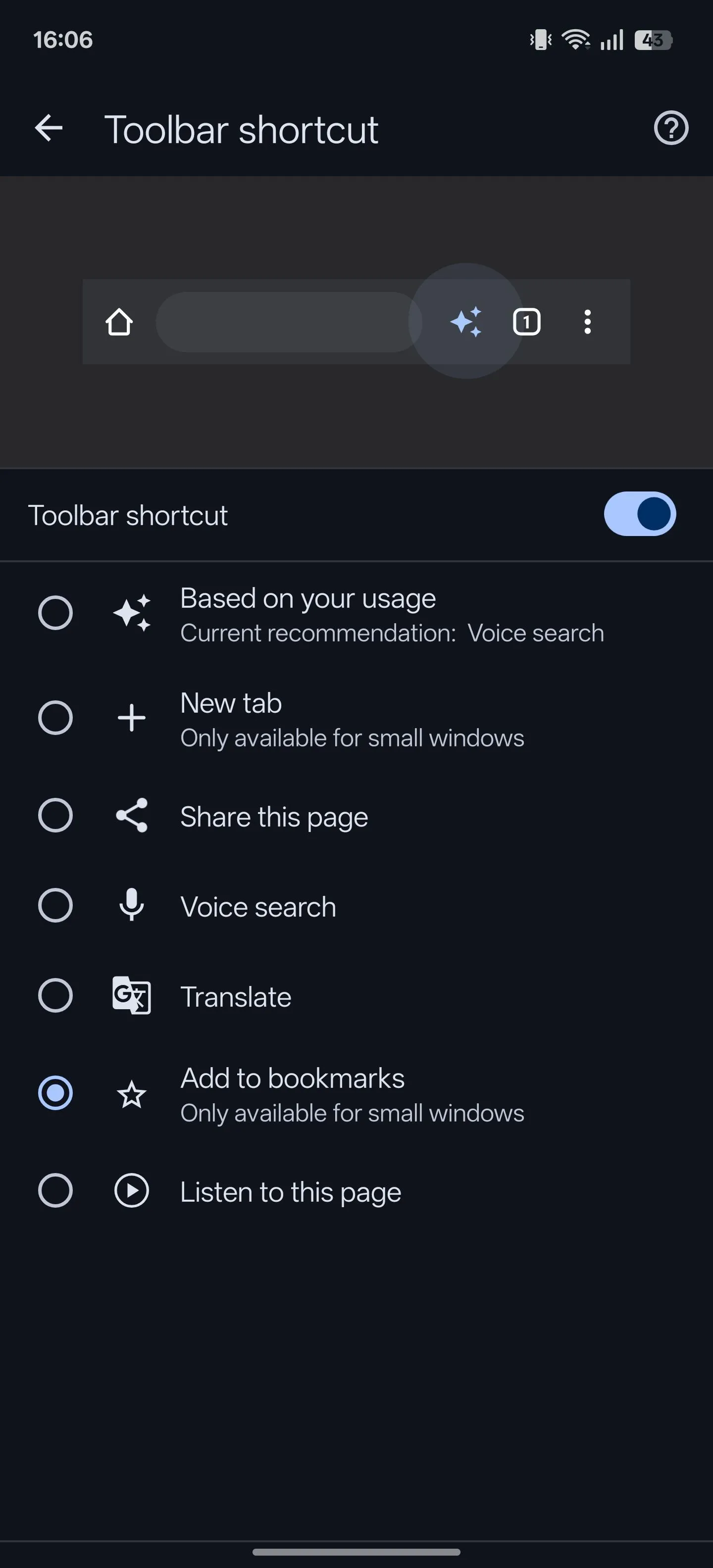 Tính năng lối tắt trên thanh công cụ (Toolbar shortcut) được bật trong Chrome Android, hiển thị tùy chọn &quot;Thêm vào dấu trang&quot;.