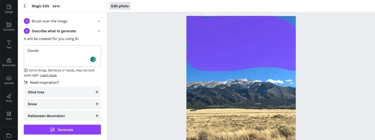 Tính năng Magic Edit của Canva thêm mây vào hình ảnh núi