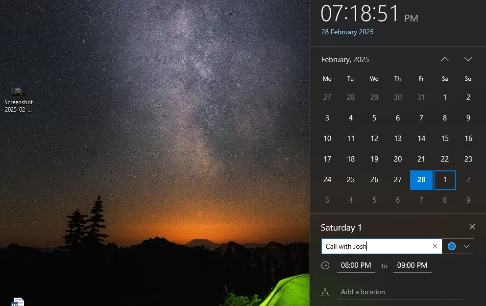 Tính năng thêm sự kiện trực tiếp từ lịch tích hợp trên Taskbar Windows 10