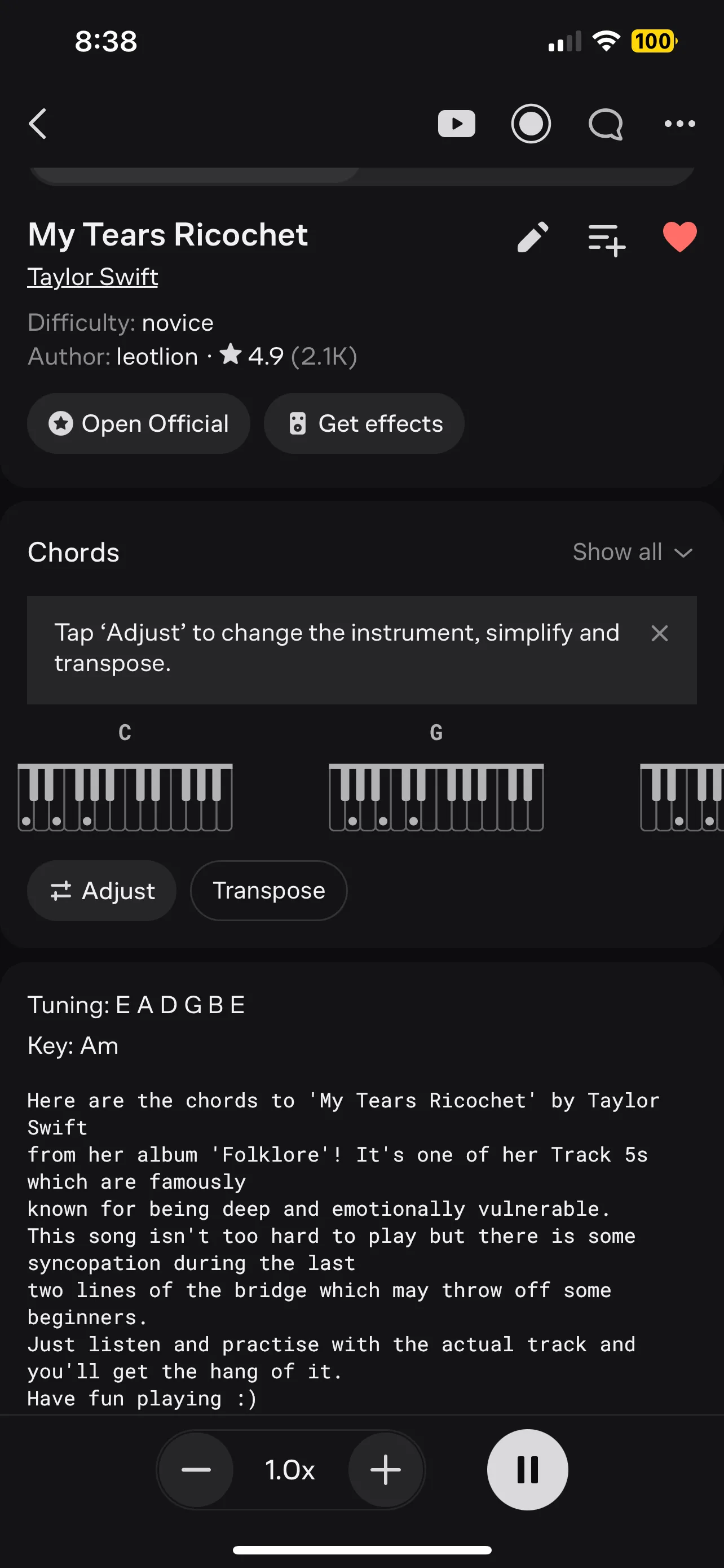 Tính năng tự động cuộn của Ultimate Guitar trên tab bài My Tears Ricochet của Taylor Swift