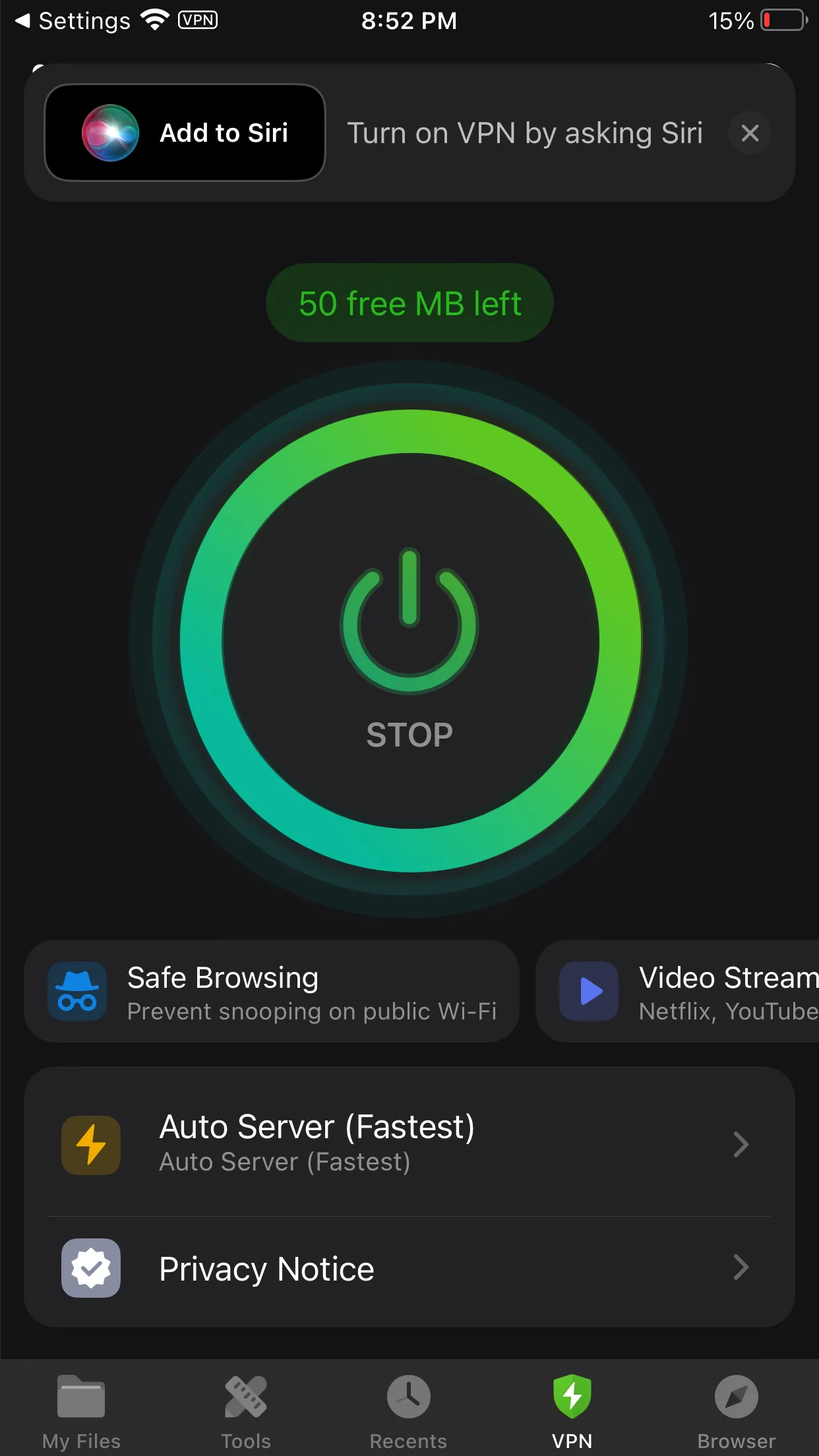 Tính năng VPN tích hợp sẵn trong ứng dụng Documents by Readdle.