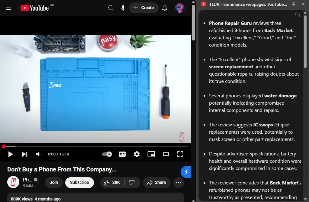 TLDR tóm tắt video YouTube về chủ đề đánh giá điện thoại tân trang Back Market