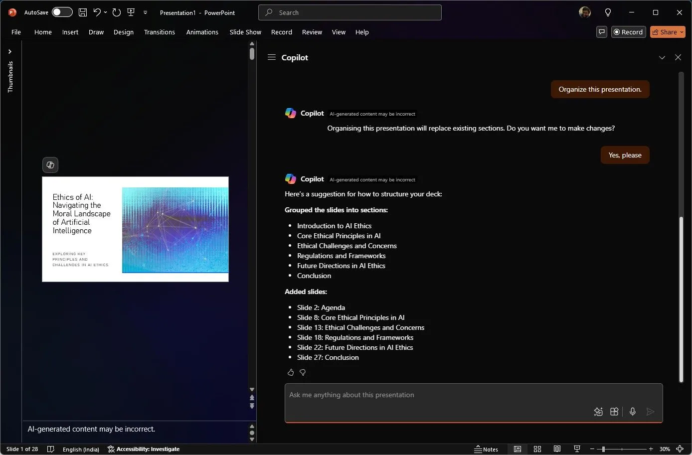 Tổ chức các slide thuyết trình hiệu quả với Copilot trong Microsoft