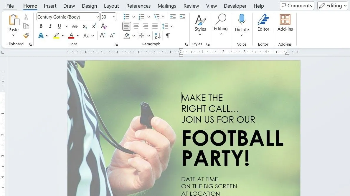 Tờ rơi tiệc bóng đá được thiết kế trong Microsoft Word