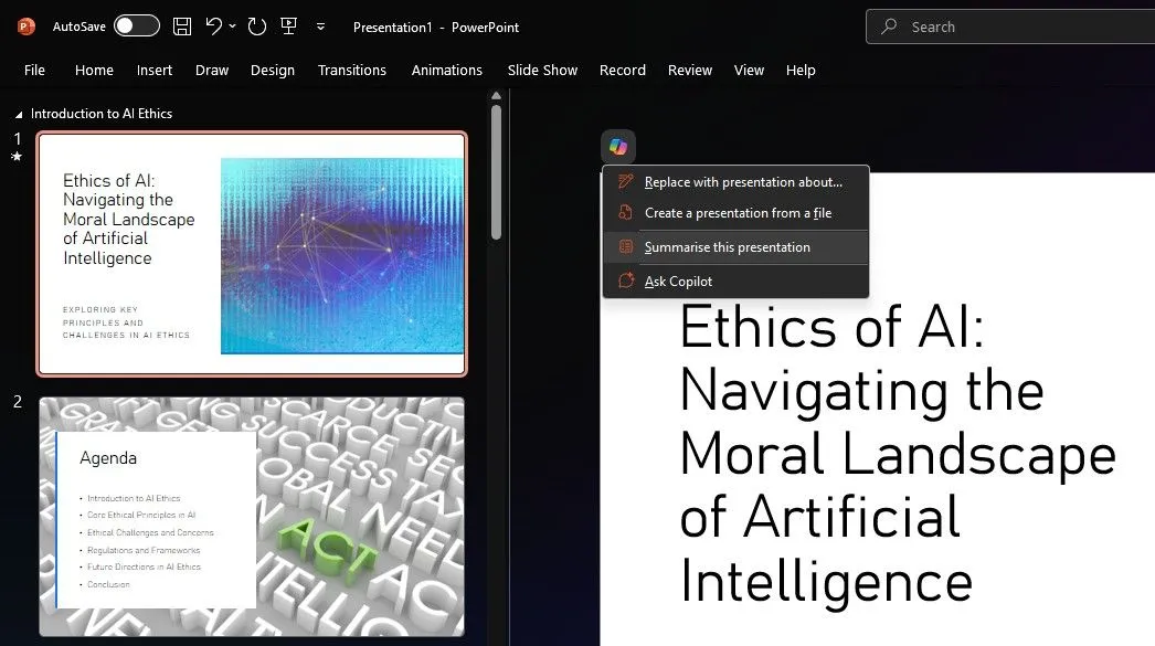 Tóm tắt bản thuyết trình với Copilot trong PowerPoint