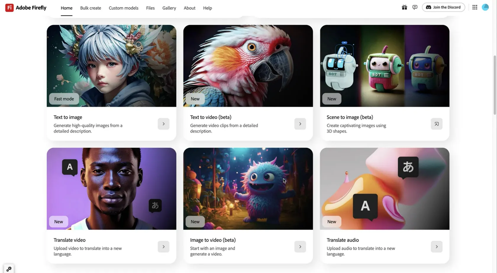 Tổng quan giao diện ứng dụng web Adobe Firefly với các công cụ AI khác nhau như tạo video, dịch video, dịch âm thanh và tạo cảnh từ ảnh