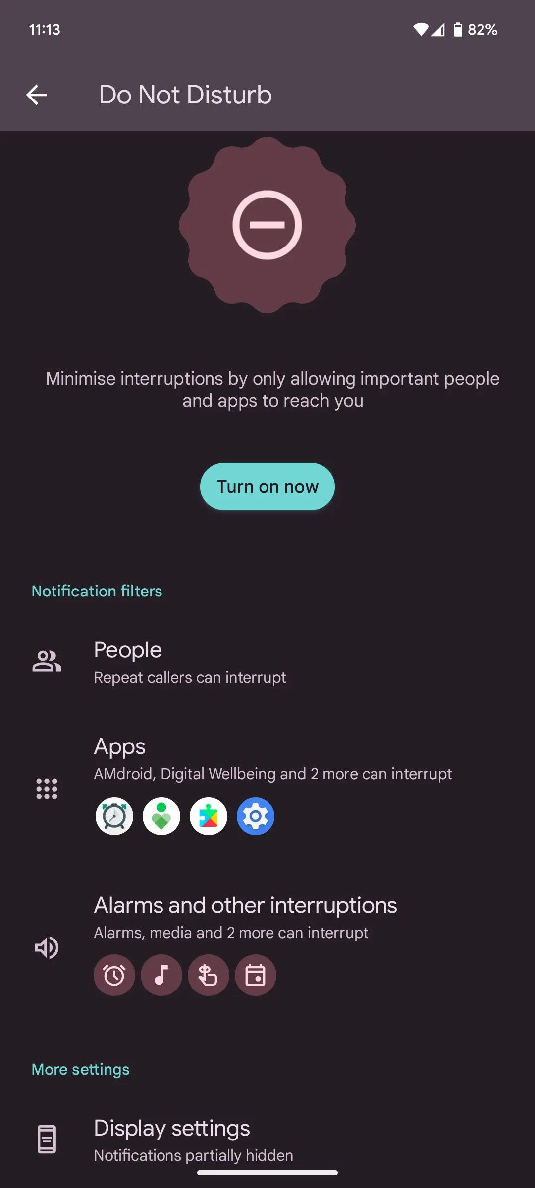 Trang cài đặt các chế độ Modes của Google Pixel, hiển thị danh sách các tùy chọn