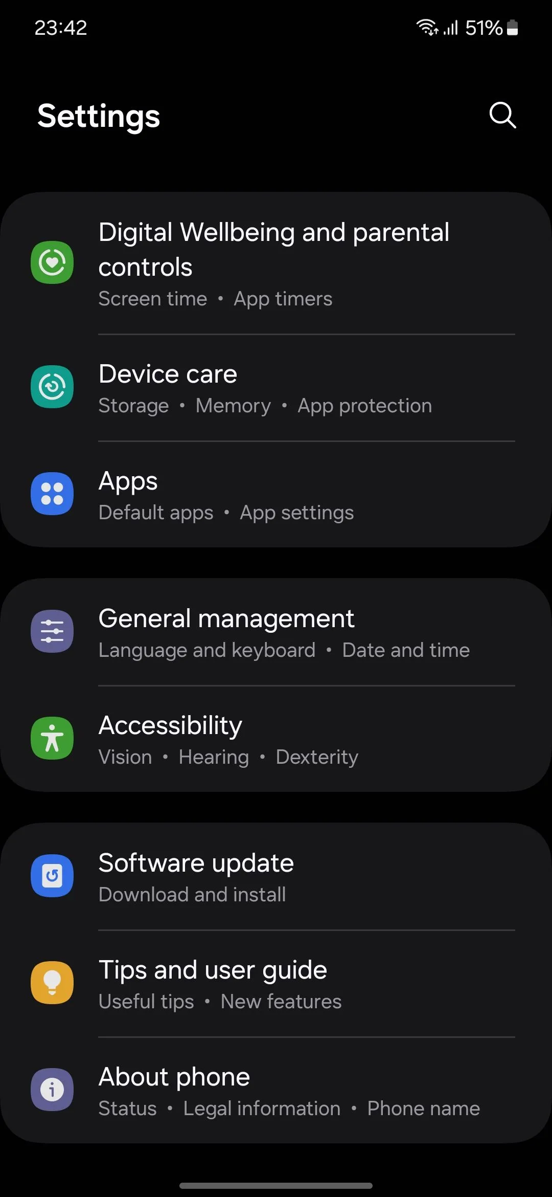 Trang Cài đặt chính trên điện thoại Samsung Galaxy