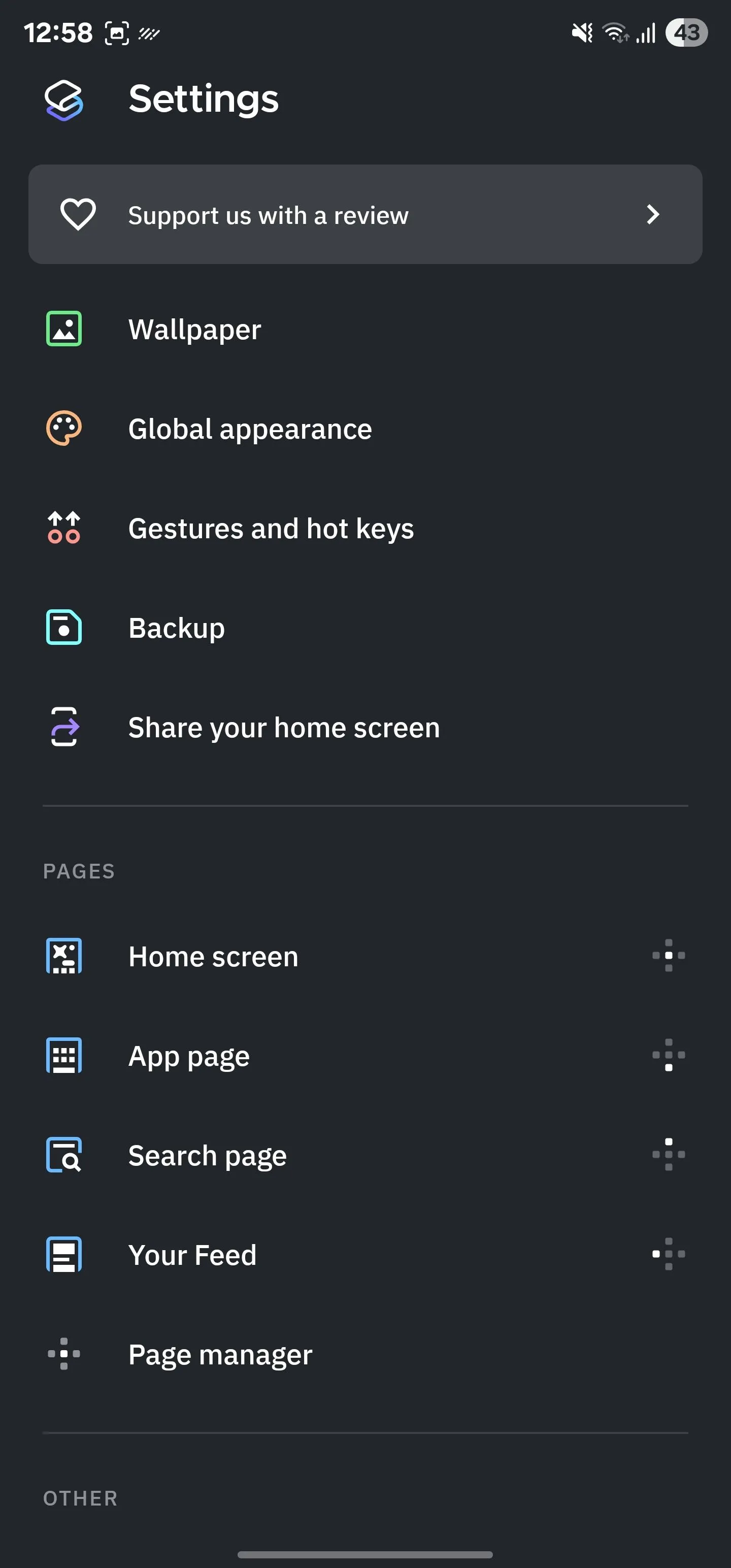 Trang cài đặt của Smart Launcher, nơi người dùng có thể tùy chỉnh các chức năng và cử chỉ điều khiển.
