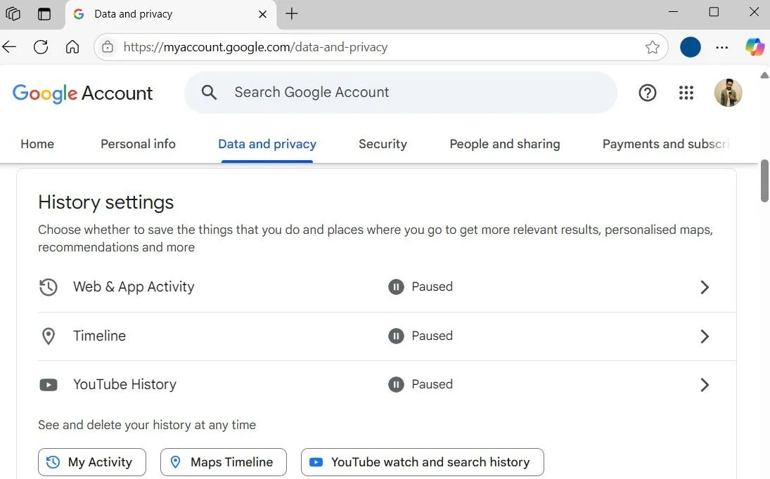 Trang cài đặt Lịch sử tài khoản Google trong trình duyệt.