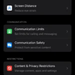 Trang cài đặt Thời gian sử dụng (Screen Time) trên iPhone hiển thị các tùy chọn quản lý.