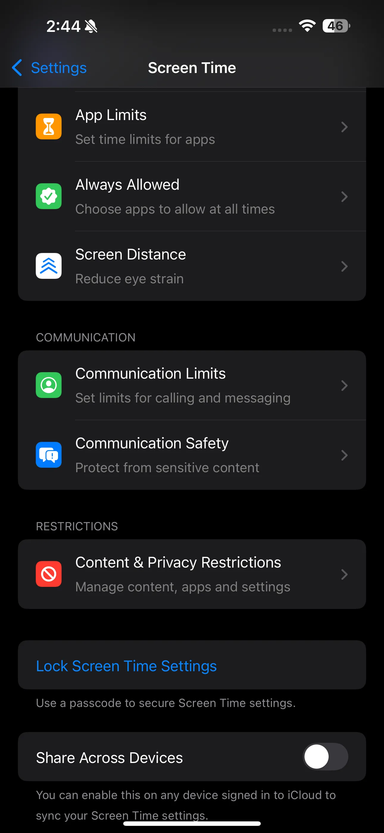 Trang cài đặt Thời gian sử dụng (Screen Time) trên iPhone hiển thị các tùy chọn quản lý.