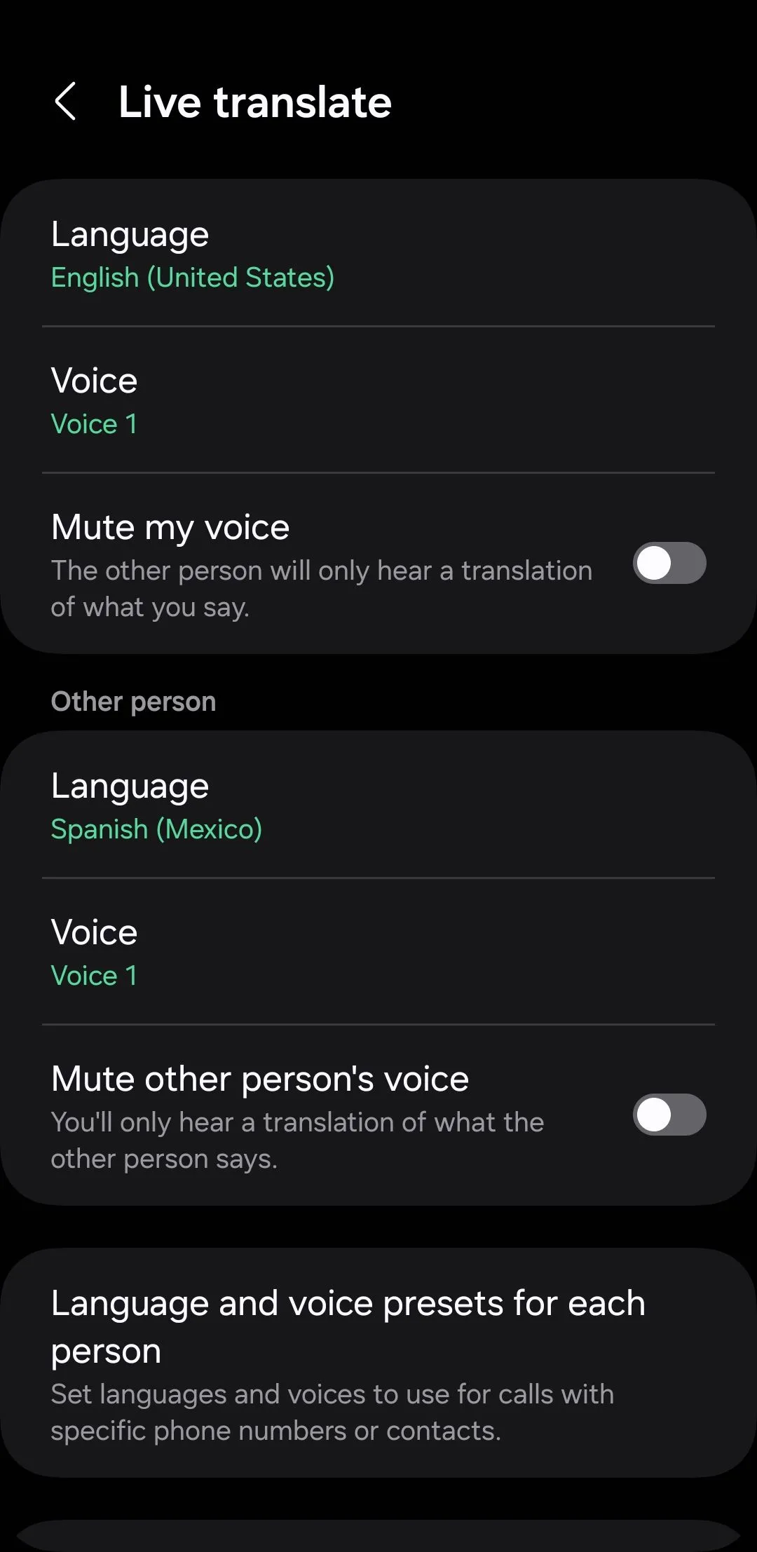Trang cài đặt tính năng Dịch cuộc gọi trực tiếp (Live Translate) trên điện thoại Samsung