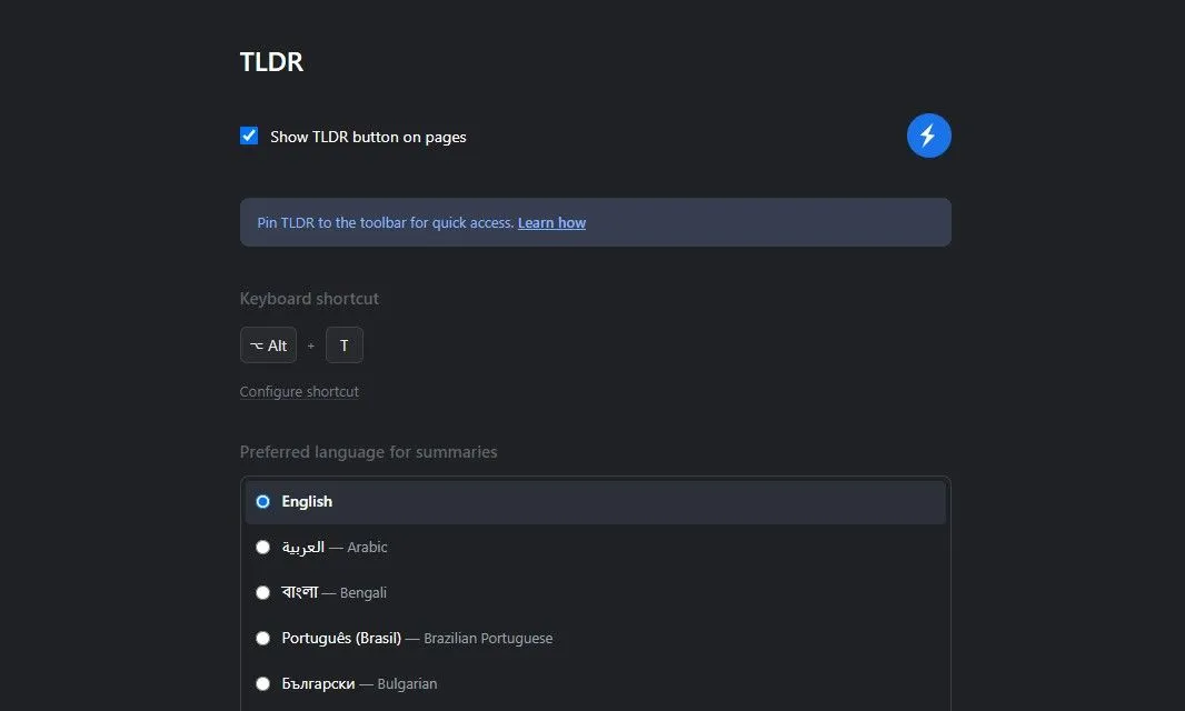 Trang cài đặt và tùy chọn tiện ích mở rộng TLDR trên Chrome