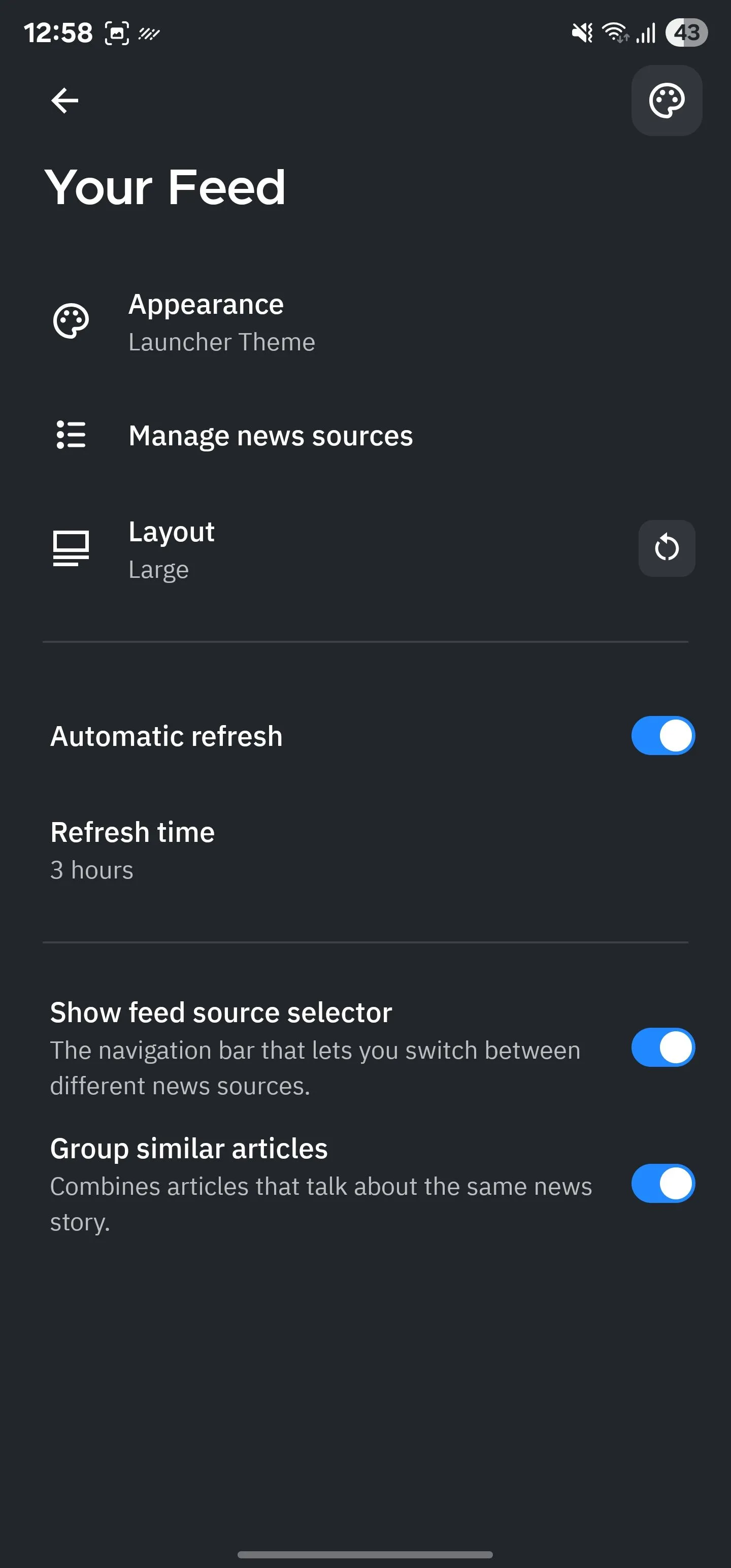 Trang cấu hình tính năng &quot;Your Feed&quot; của Smart Launcher, cho phép người dùng tùy chỉnh nguồn cấp dữ liệu và giao diện hiển thị.
