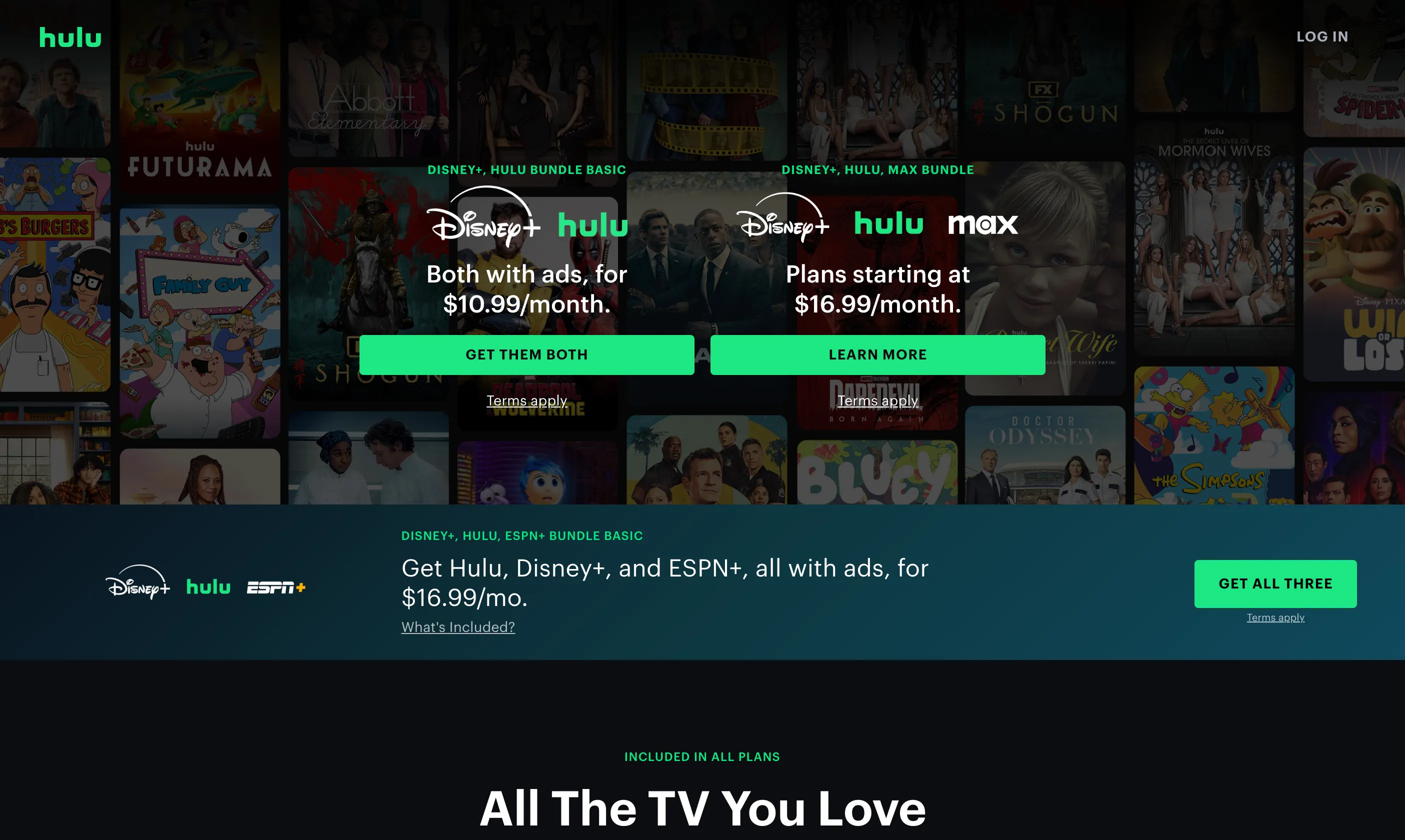 Trang chào mừng của dịch vụ streaming Hulu