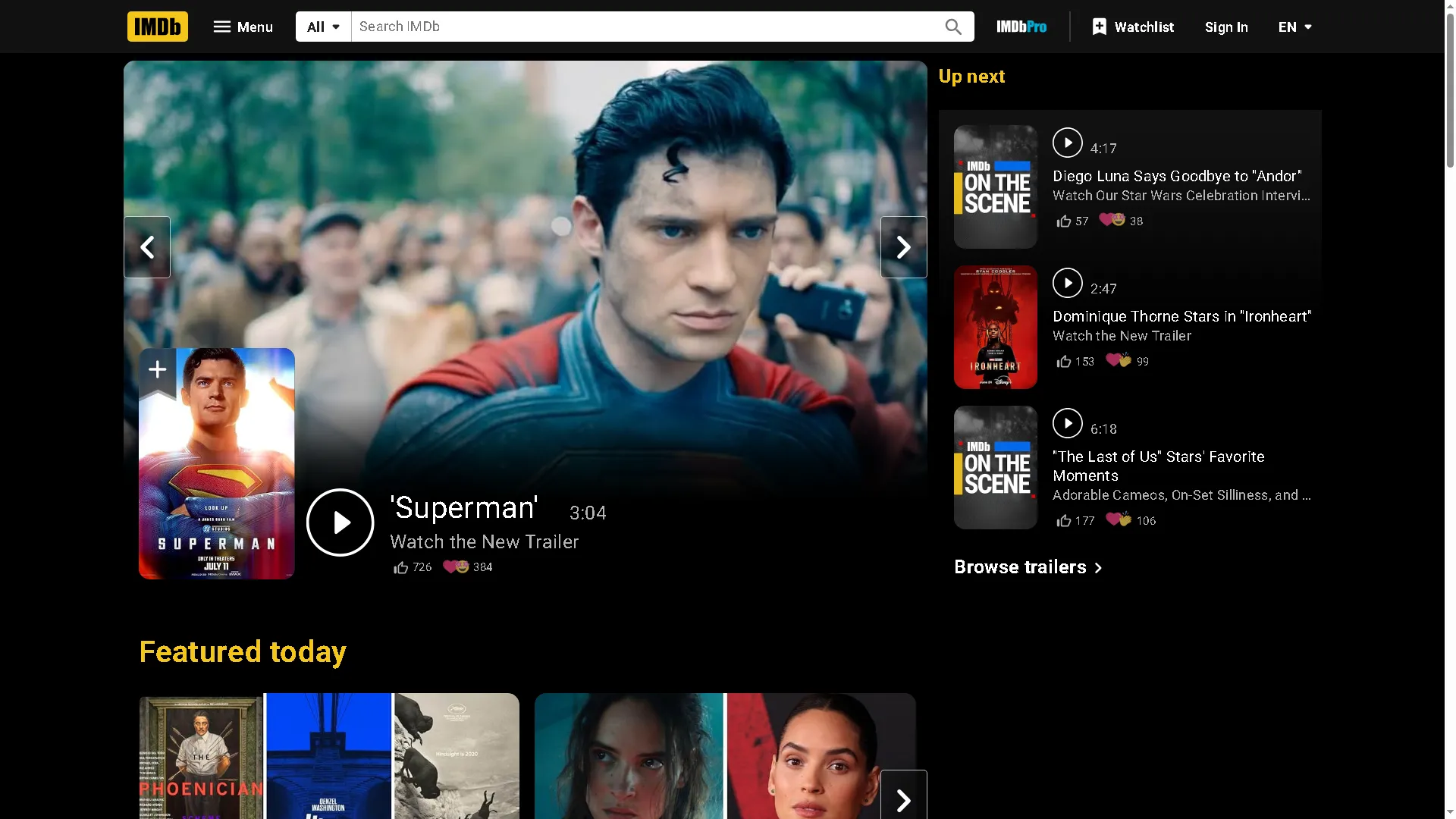Trang chính của IMDb, cơ sở dữ liệu phim ảnh khổng lồ, hiển thị hình ảnh Superman