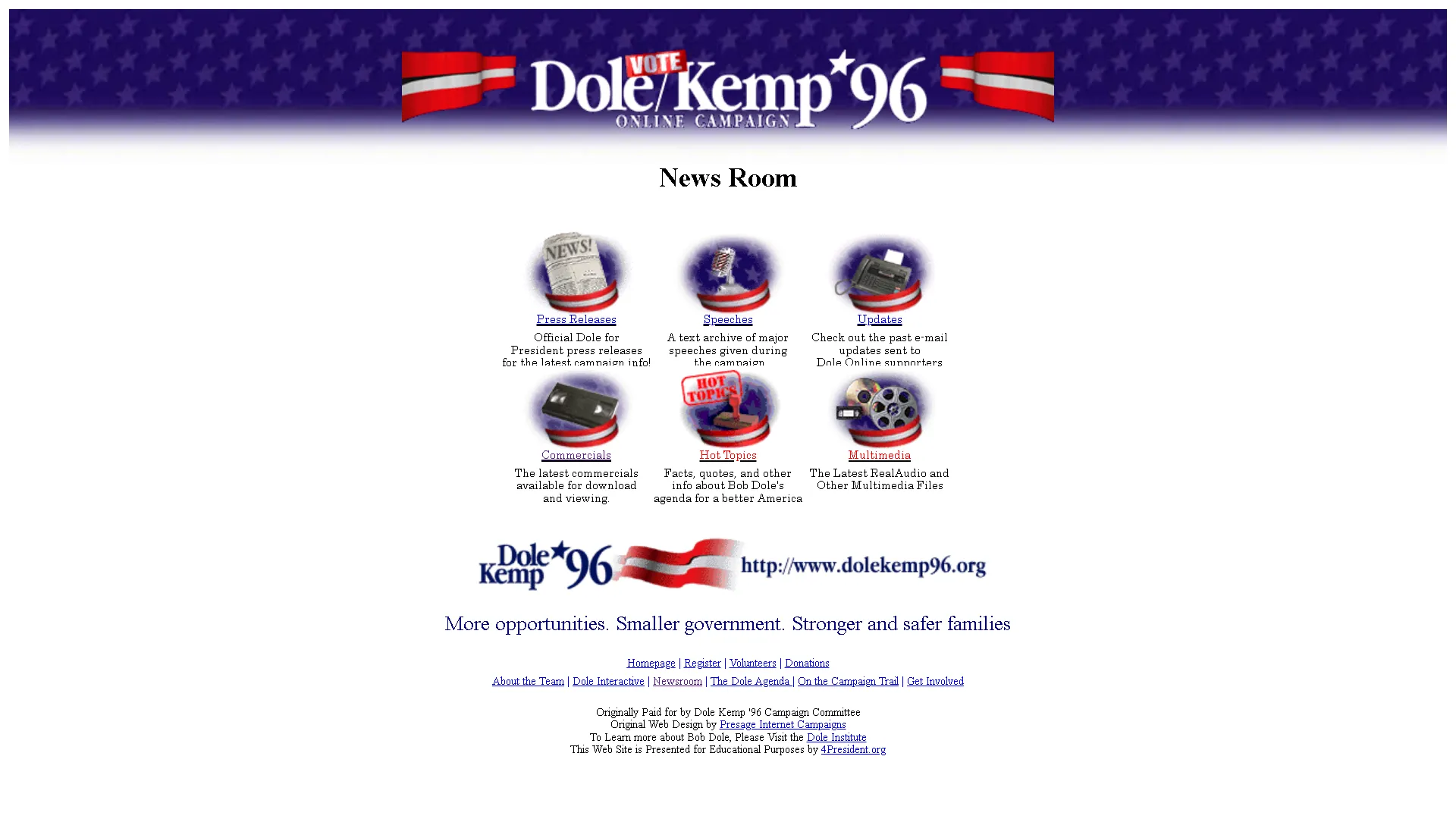 Trang chính của website chiến dịch tranh cử tổng thống của Dole và Kemp, một tài liệu lịch sử trực tuyến