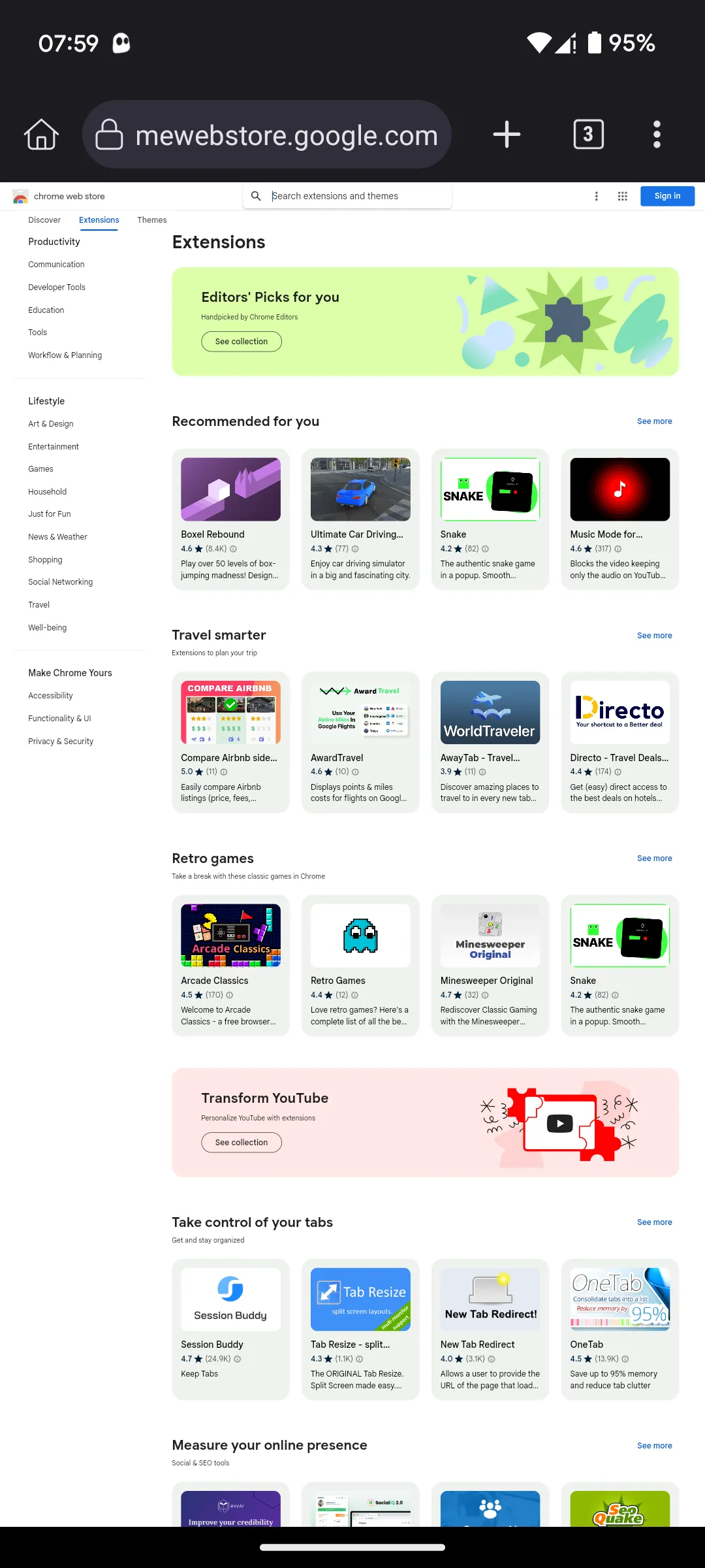 Trang chủ Chrome Web Store hiển thị trong trình duyệt Kiwi Browser