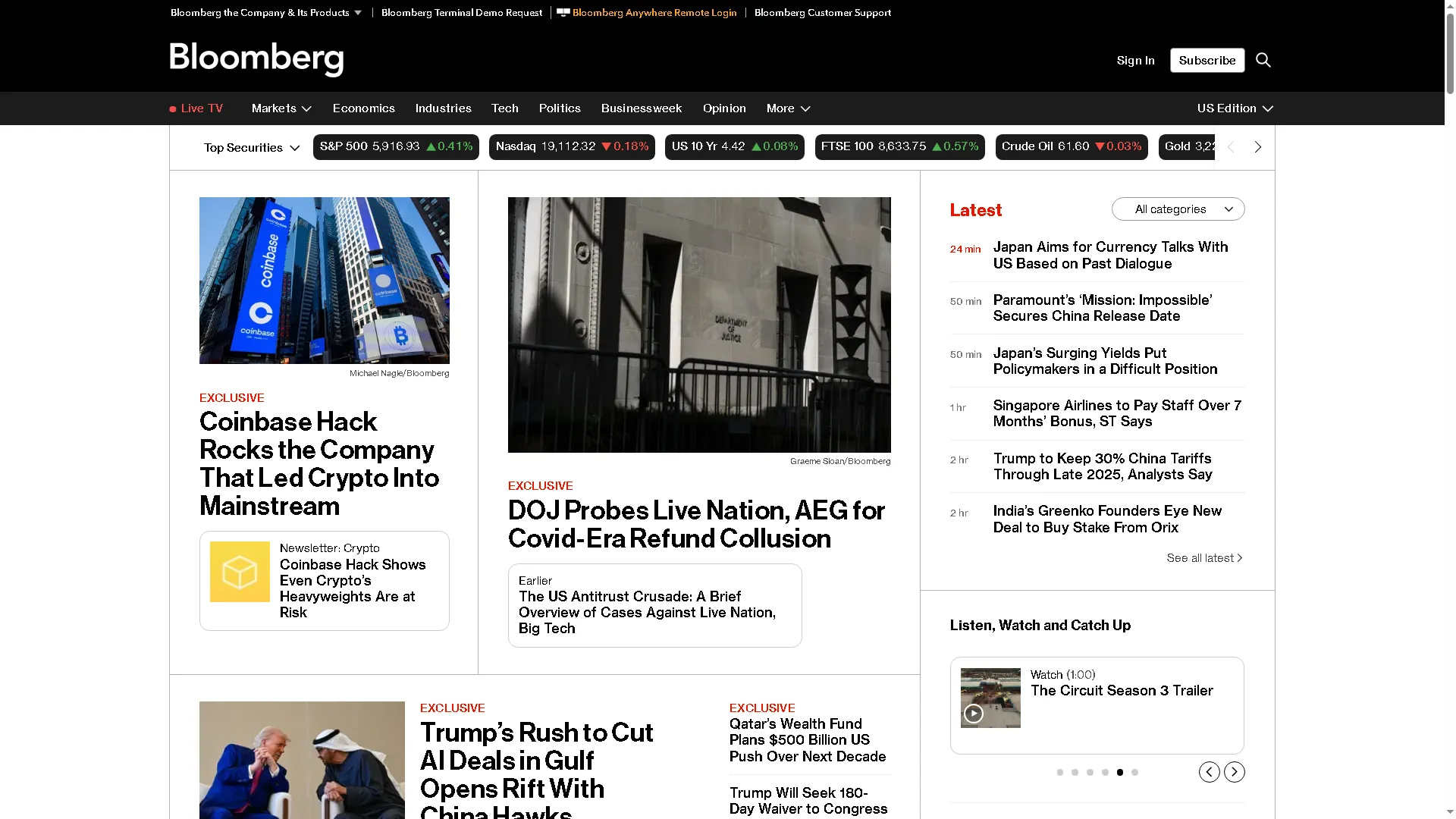 Trang chủ của website Bloomberg, một trong những nền tảng thông tin tài chính hàng đầu thế giới