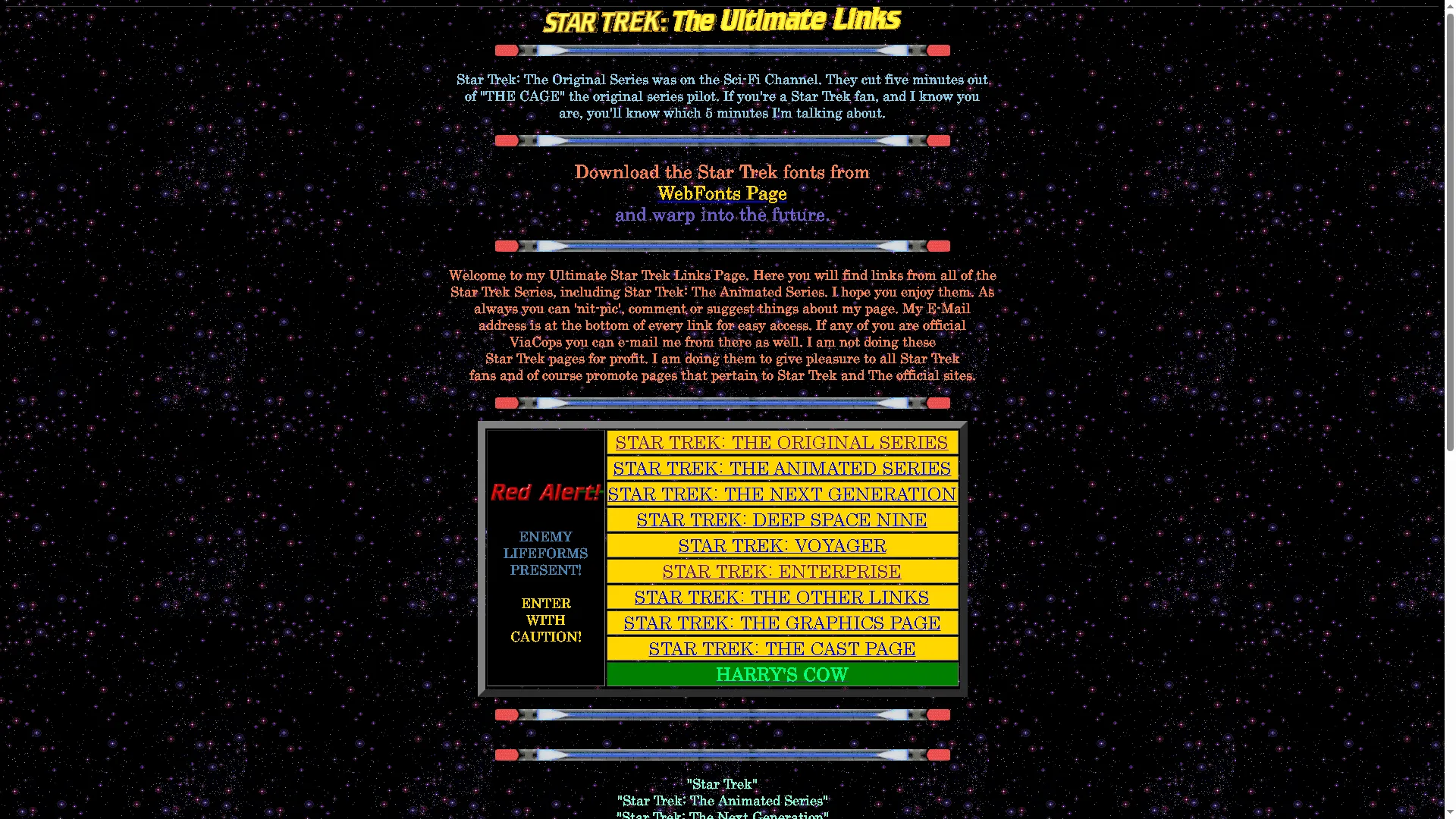 Trang chủ của website fan hâm mộ Star Trek The Ultimate Links với thiết kế cổ điển